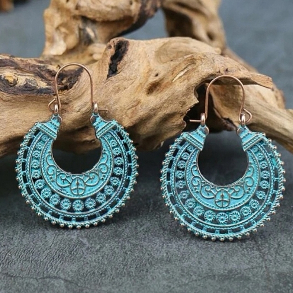 Mandala Filigree Turquoise Antiqued Bronze Bollywood Bohemian Round Hoop…